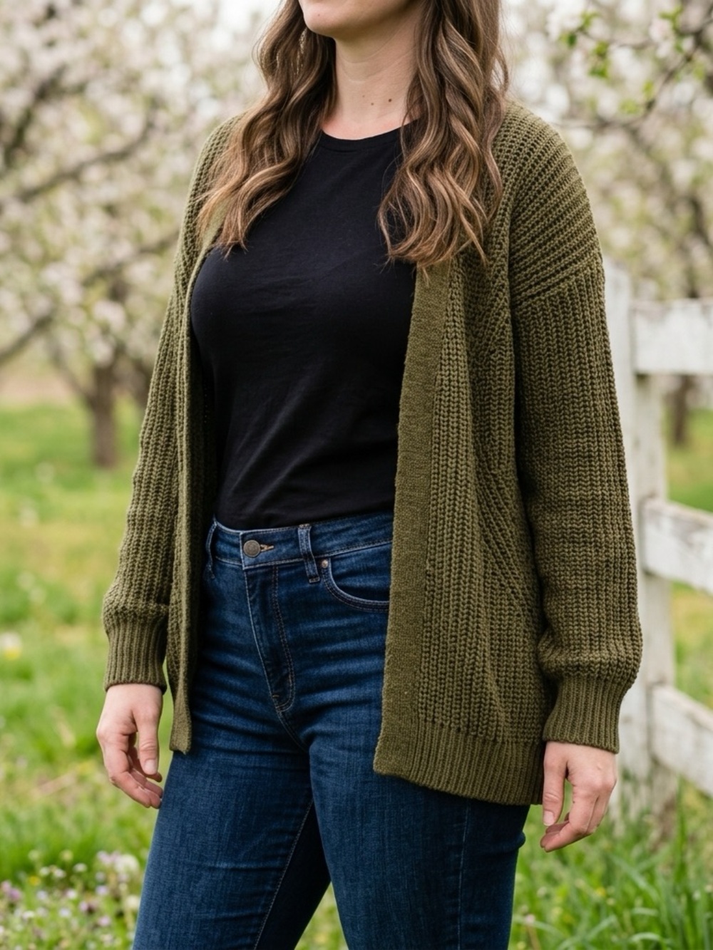 Open-Front Olive Green Chunky Knit Women's Cardigan Shabby Chic Cottagecore